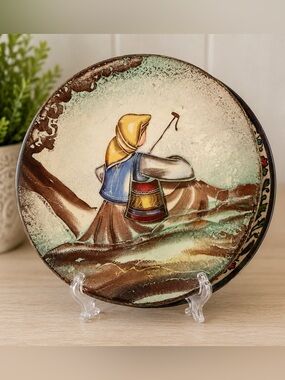 Vintage Hand-Painted Folk Art Metal Wall Plaque / Tray – Woman Carrying Buckets